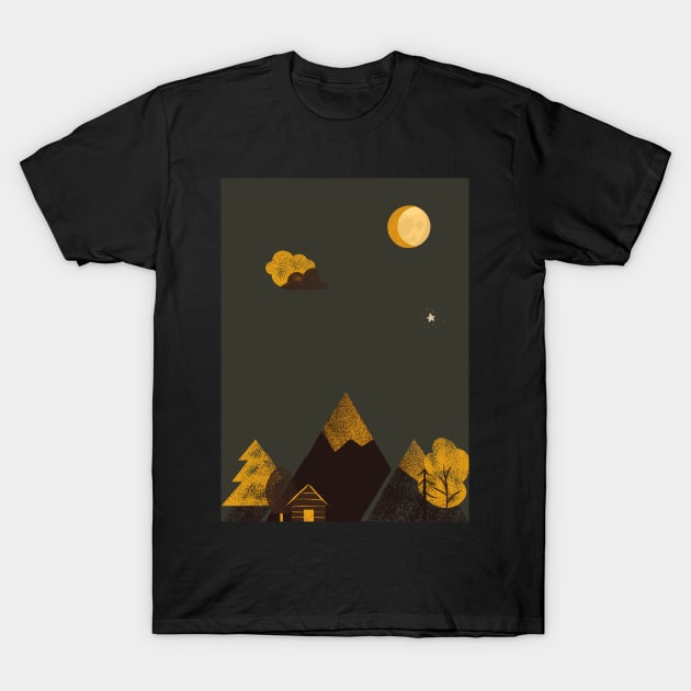 Night under the moon. Outdoor lovers design. Camping in mountains. Sun & Moon Artwork With mountains. Boho art of moon at night and terracotta mountains. T-Shirt by waltzart